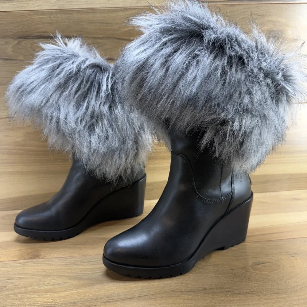 Sorel Park City Lux Leather Boot Womens 8.5 Black Gray Faux Fur Waterproof Wedge